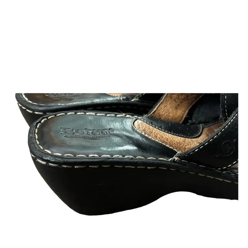 Born Leather Y2K‎ Chuncky Platform Wedges Slip On Strappy Sandals Shoes Black 9